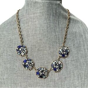 J. Crew Vintage Y2K Multi Blue Crystal Gold Chain Statement Necklace 20”